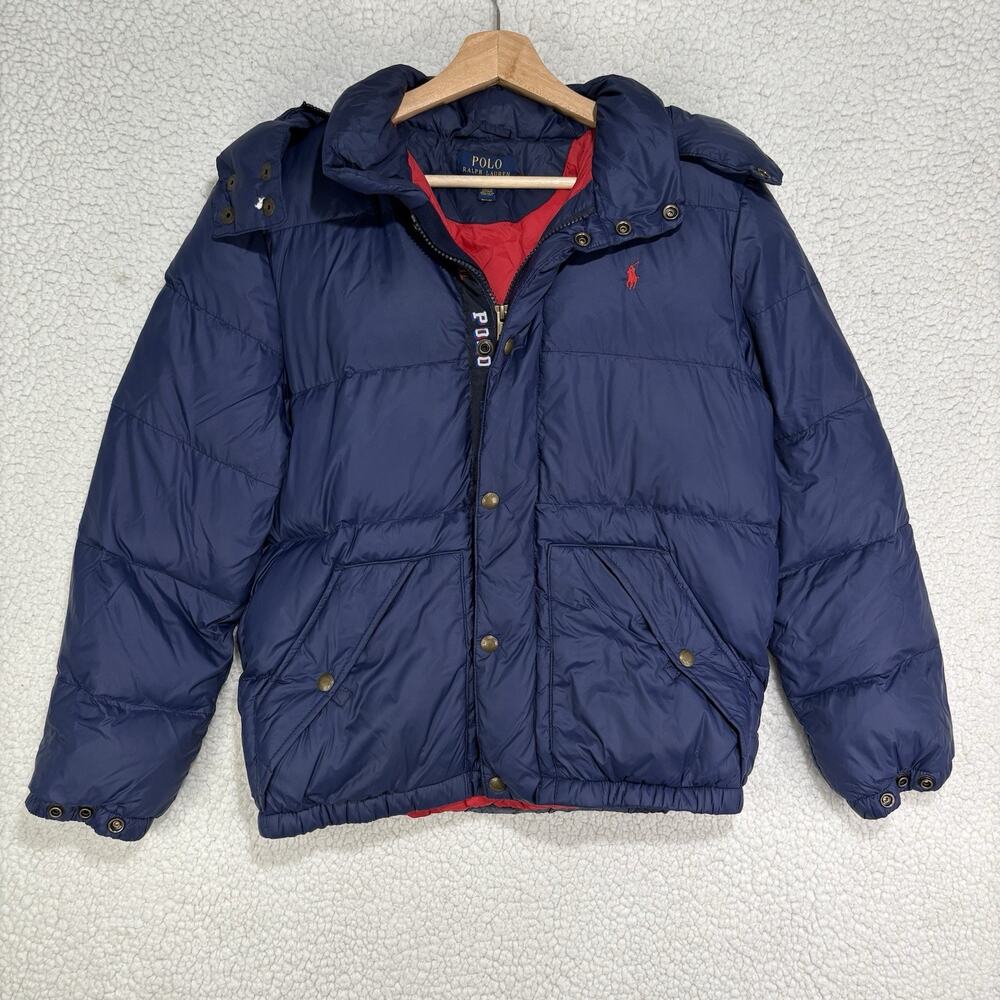 Polo Ralph Lauren Jacket Youth Large 14/16 Blue Puffer Duck Down Hood Red Pony